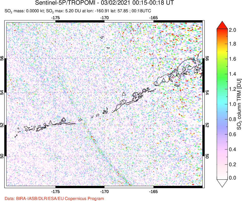 A sulfur dioxide image over Aleutian Islands, Alaska, USA on Mar 02, 2021.