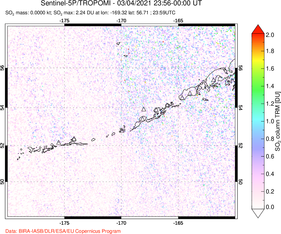 A sulfur dioxide image over Aleutian Islands, Alaska, USA on Mar 04, 2021.