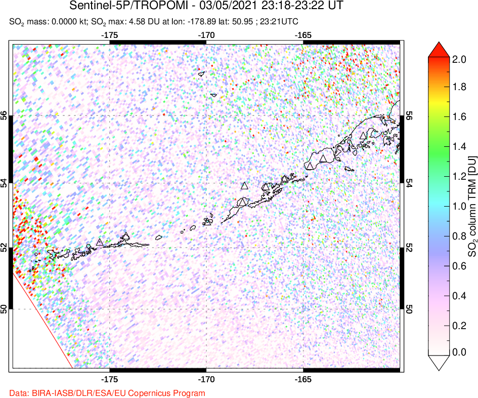 A sulfur dioxide image over Aleutian Islands, Alaska, USA on Mar 05, 2021.
