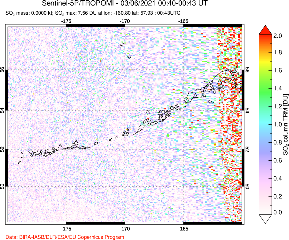 A sulfur dioxide image over Aleutian Islands, Alaska, USA on Mar 06, 2021.