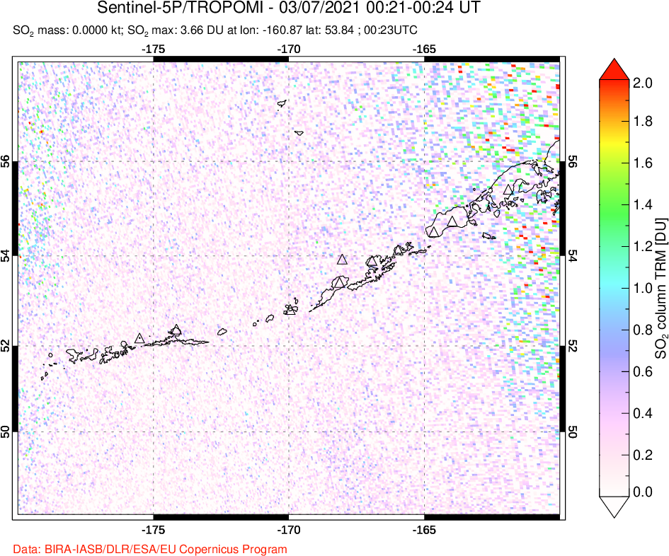 A sulfur dioxide image over Aleutian Islands, Alaska, USA on Mar 07, 2021.