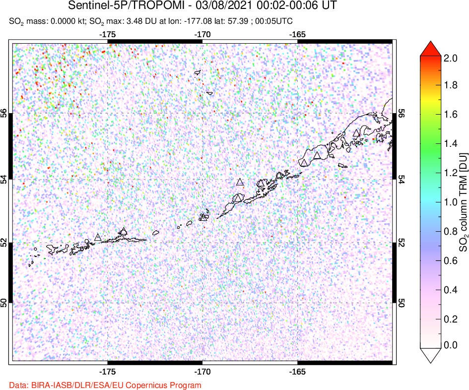 A sulfur dioxide image over Aleutian Islands, Alaska, USA on Mar 08, 2021.