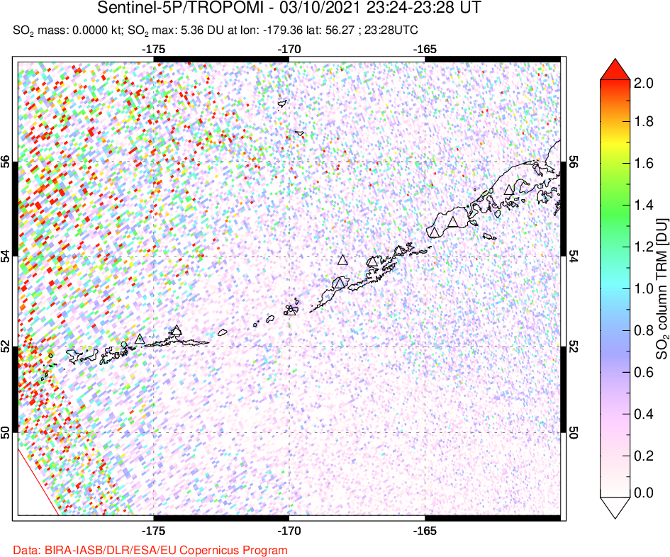 A sulfur dioxide image over Aleutian Islands, Alaska, USA on Mar 10, 2021.