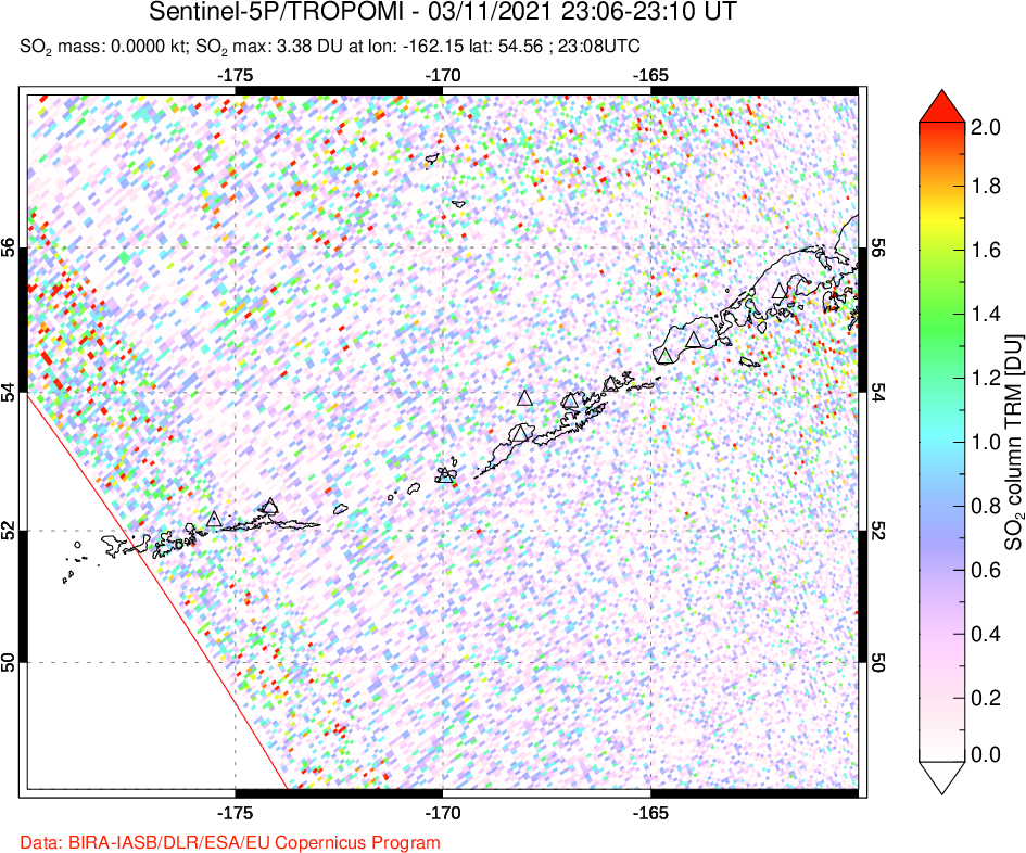 A sulfur dioxide image over Aleutian Islands, Alaska, USA on Mar 11, 2021.
