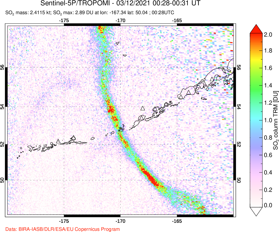 A sulfur dioxide image over Aleutian Islands, Alaska, USA on Mar 12, 2021.