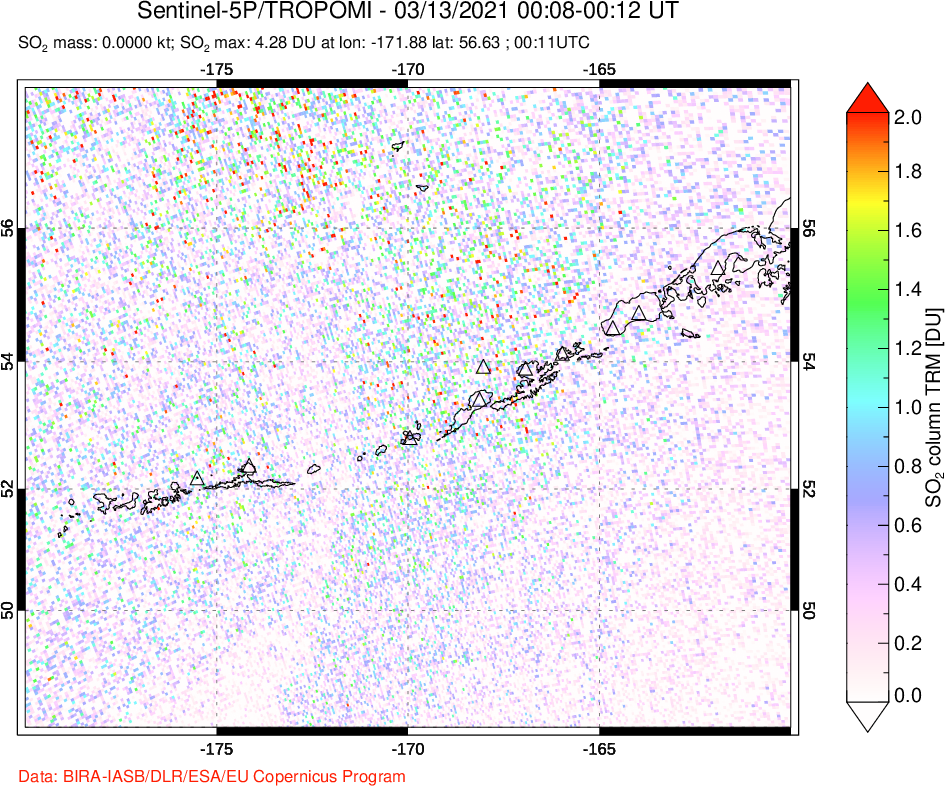 A sulfur dioxide image over Aleutian Islands, Alaska, USA on Mar 13, 2021.