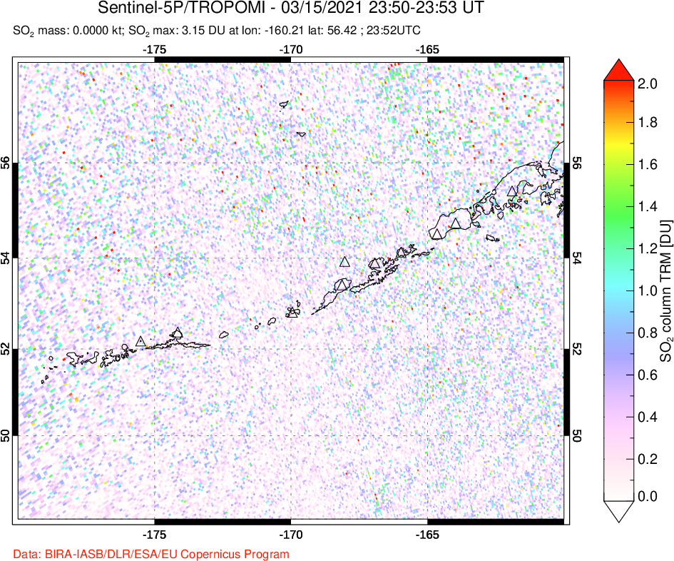 A sulfur dioxide image over Aleutian Islands, Alaska, USA on Mar 15, 2021.