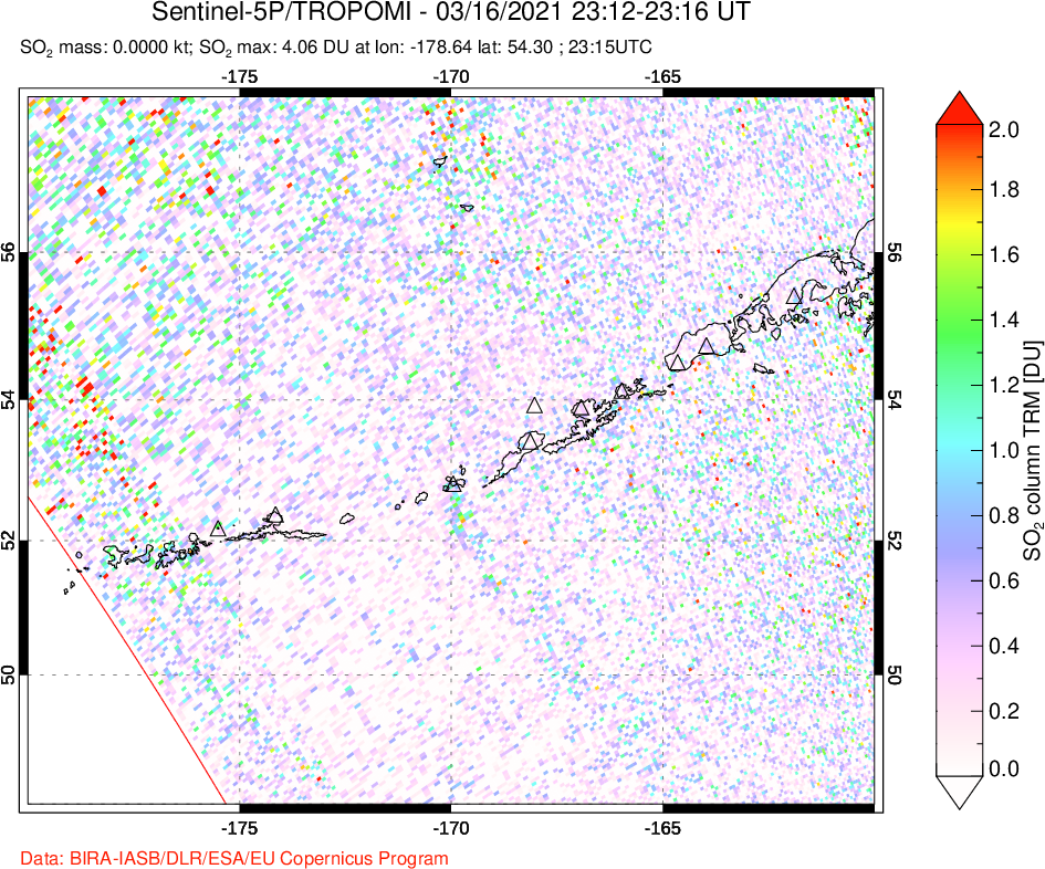 A sulfur dioxide image over Aleutian Islands, Alaska, USA on Mar 16, 2021.