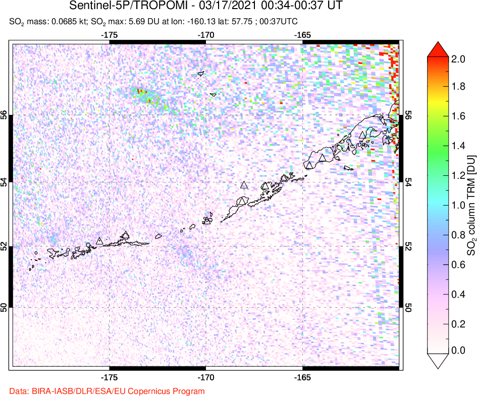 A sulfur dioxide image over Aleutian Islands, Alaska, USA on Mar 17, 2021.