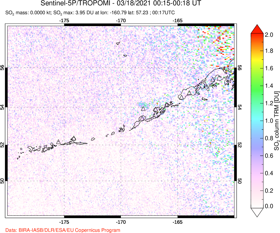 A sulfur dioxide image over Aleutian Islands, Alaska, USA on Mar 18, 2021.