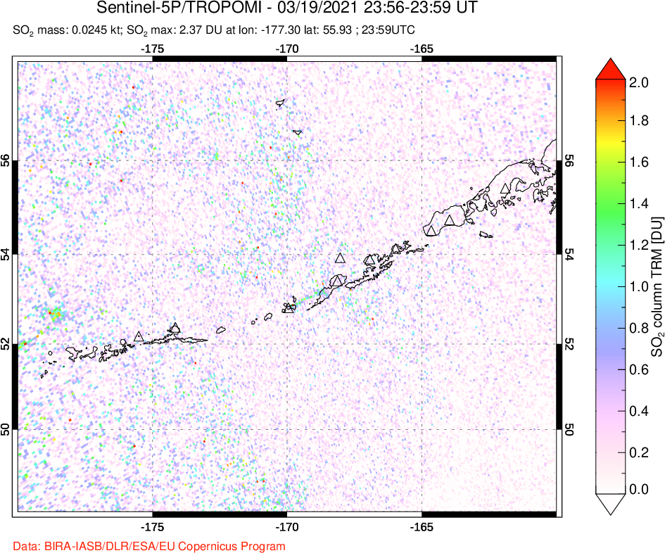 A sulfur dioxide image over Aleutian Islands, Alaska, USA on Mar 19, 2021.