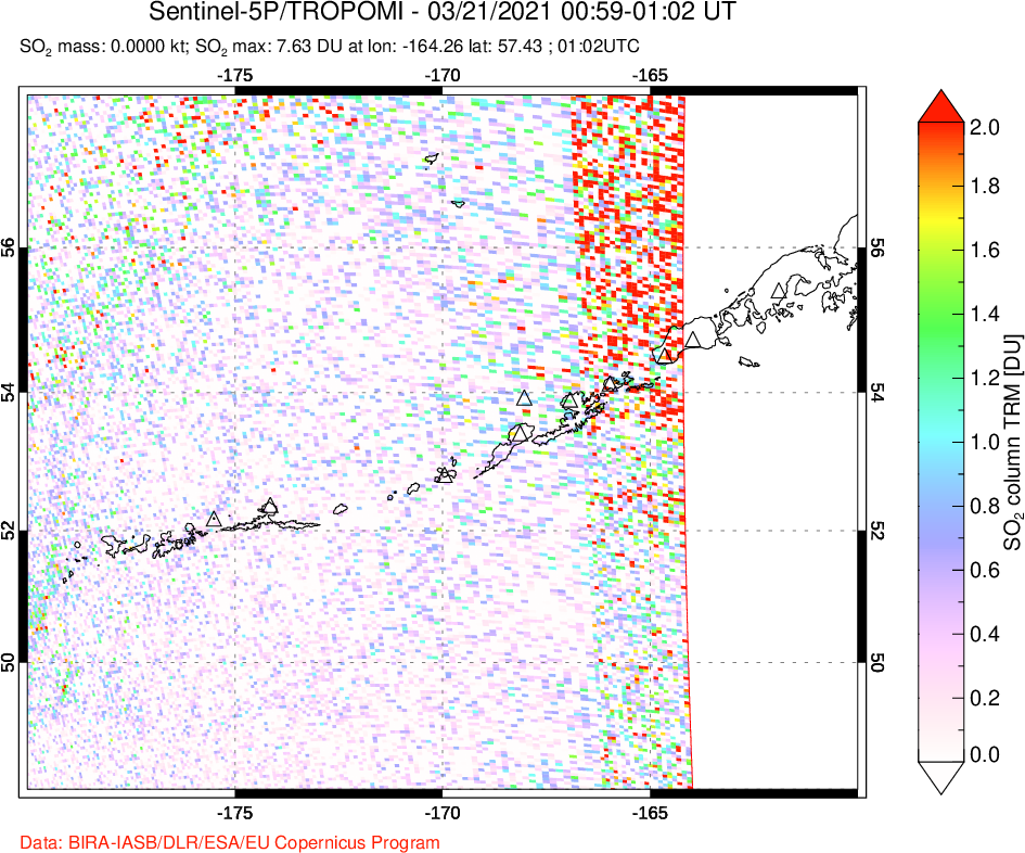 A sulfur dioxide image over Aleutian Islands, Alaska, USA on Mar 21, 2021.