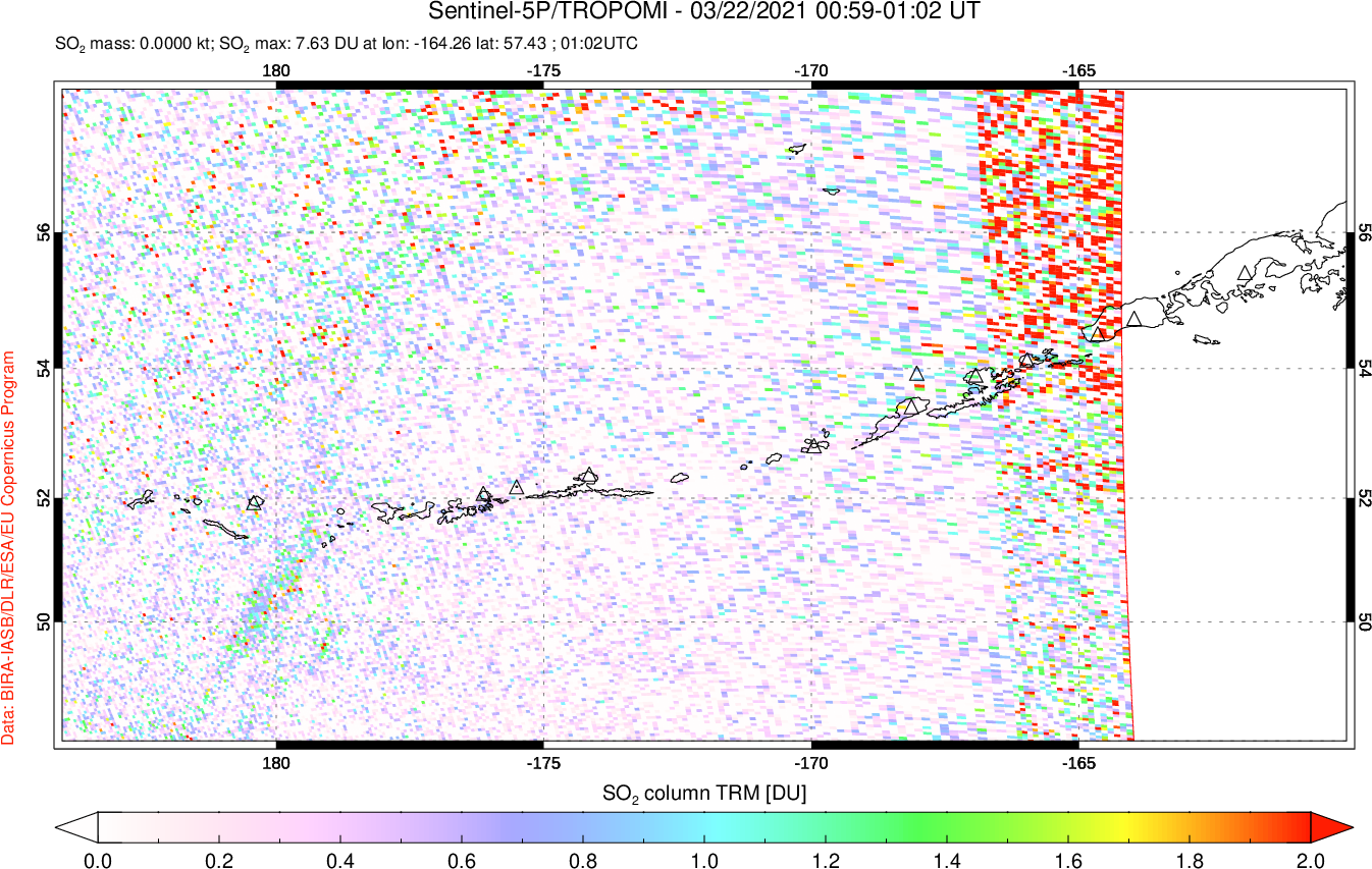 A sulfur dioxide image over Aleutian Islands, Alaska, USA on Mar 22, 2021.
