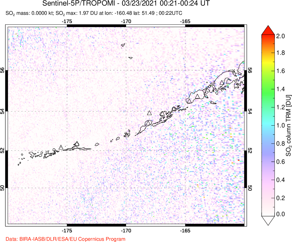 A sulfur dioxide image over Aleutian Islands, Alaska, USA on Mar 23, 2021.