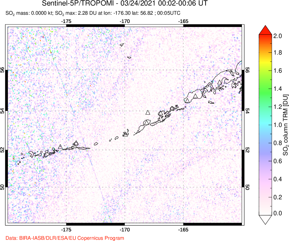 A sulfur dioxide image over Aleutian Islands, Alaska, USA on Mar 24, 2021.