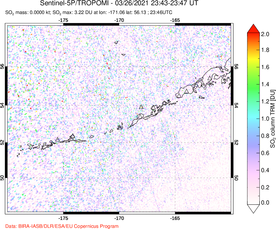 A sulfur dioxide image over Aleutian Islands, Alaska, USA on Mar 26, 2021.
