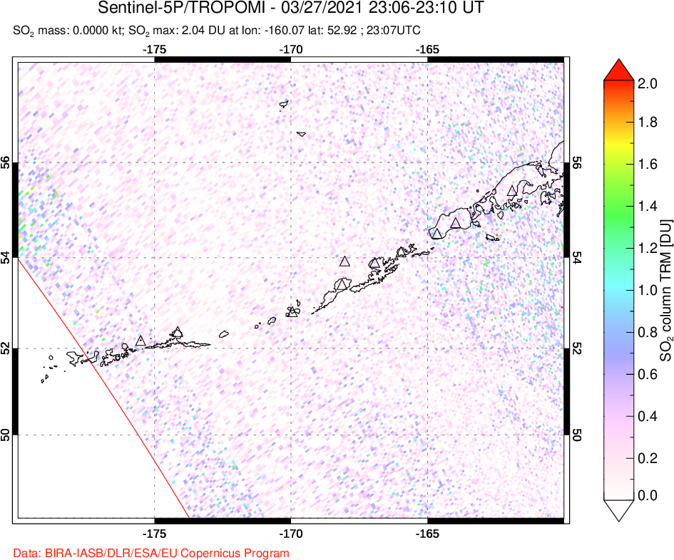A sulfur dioxide image over Aleutian Islands, Alaska, USA on Mar 27, 2021.