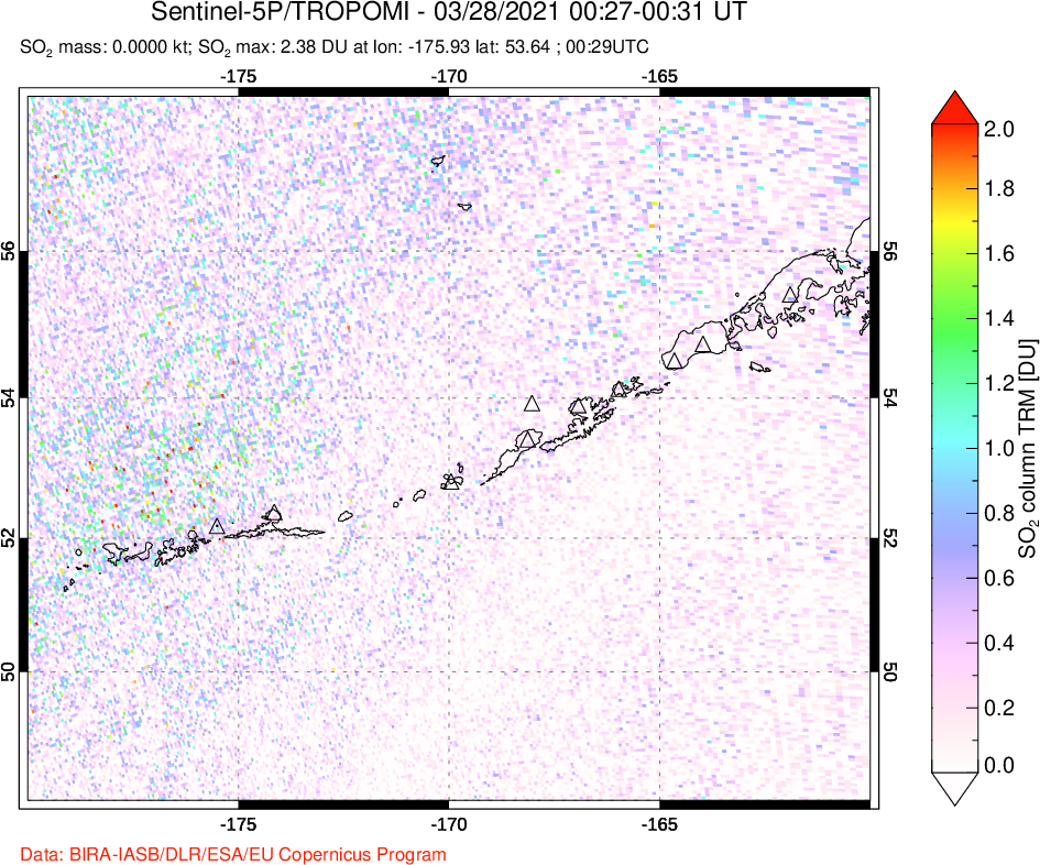 A sulfur dioxide image over Aleutian Islands, Alaska, USA on Mar 28, 2021.