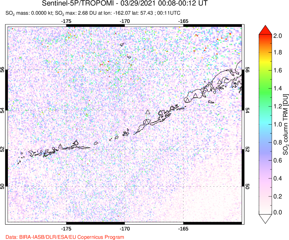 A sulfur dioxide image over Aleutian Islands, Alaska, USA on Mar 29, 2021.