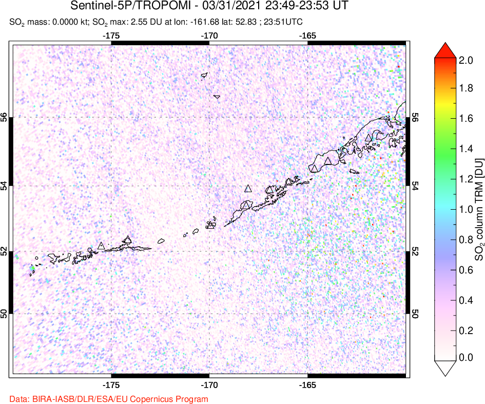 A sulfur dioxide image over Aleutian Islands, Alaska, USA on Mar 31, 2021.
