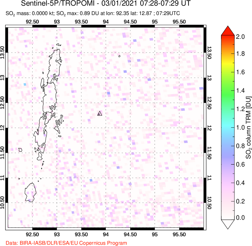 A sulfur dioxide image over Andaman Islands, Indian Ocean on Mar 01, 2021.
