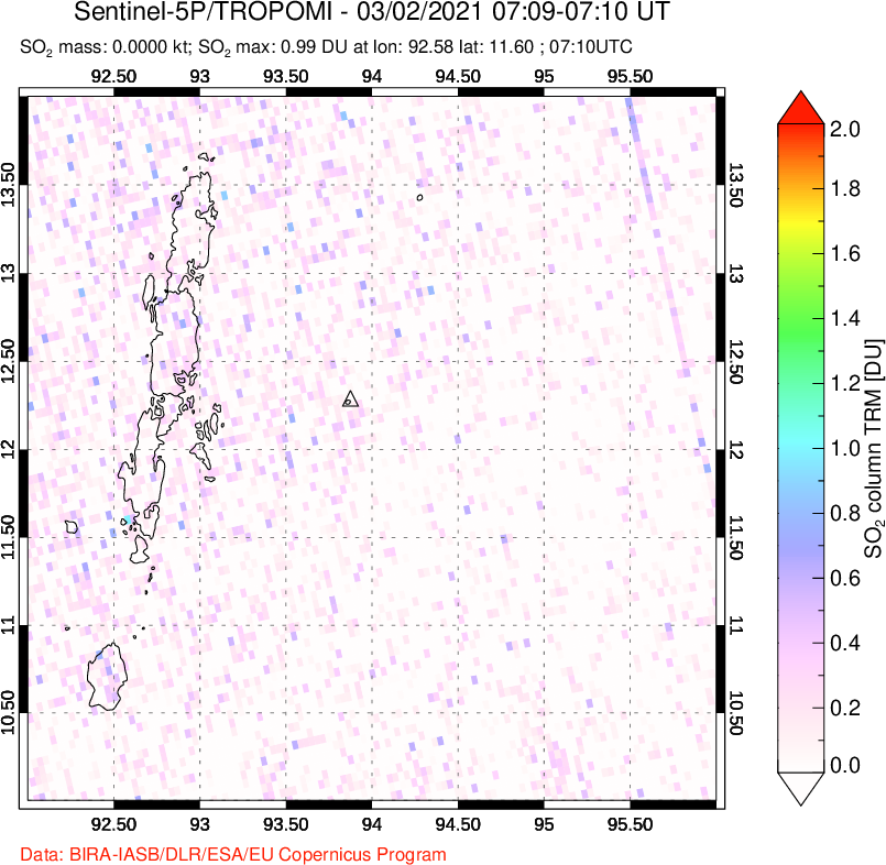 A sulfur dioxide image over Andaman Islands, Indian Ocean on Mar 02, 2021.