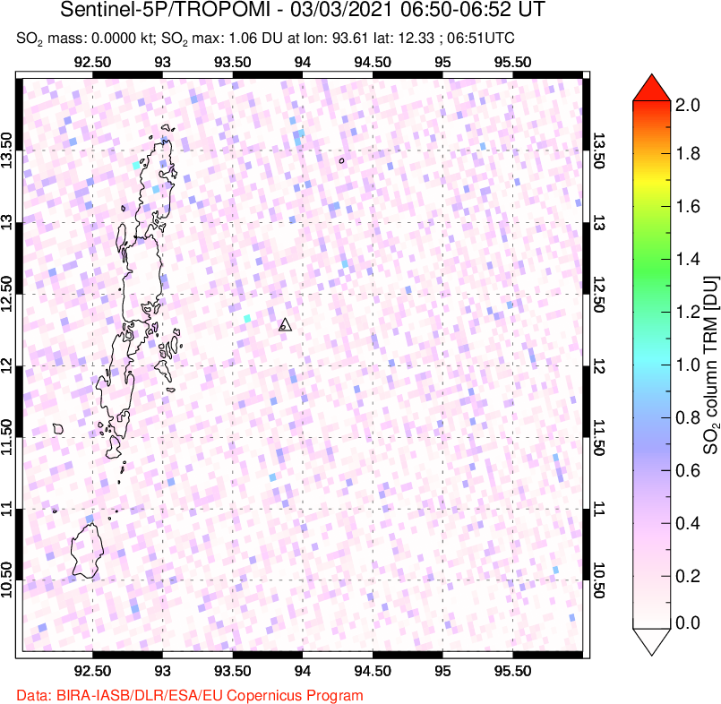 A sulfur dioxide image over Andaman Islands, Indian Ocean on Mar 03, 2021.