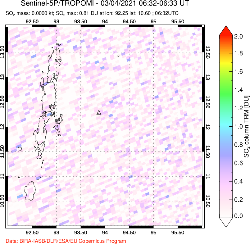 A sulfur dioxide image over Andaman Islands, Indian Ocean on Mar 04, 2021.