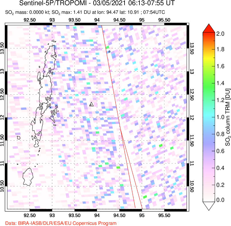 A sulfur dioxide image over Andaman Islands, Indian Ocean on Mar 05, 2021.