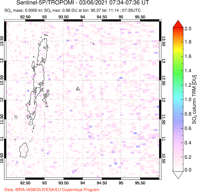 A sulfur dioxide image over Andaman Islands, Indian Ocean on Mar 06, 2021.