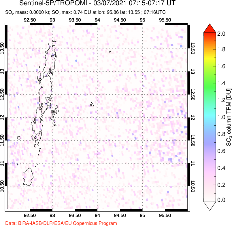 A sulfur dioxide image over Andaman Islands, Indian Ocean on Mar 07, 2021.