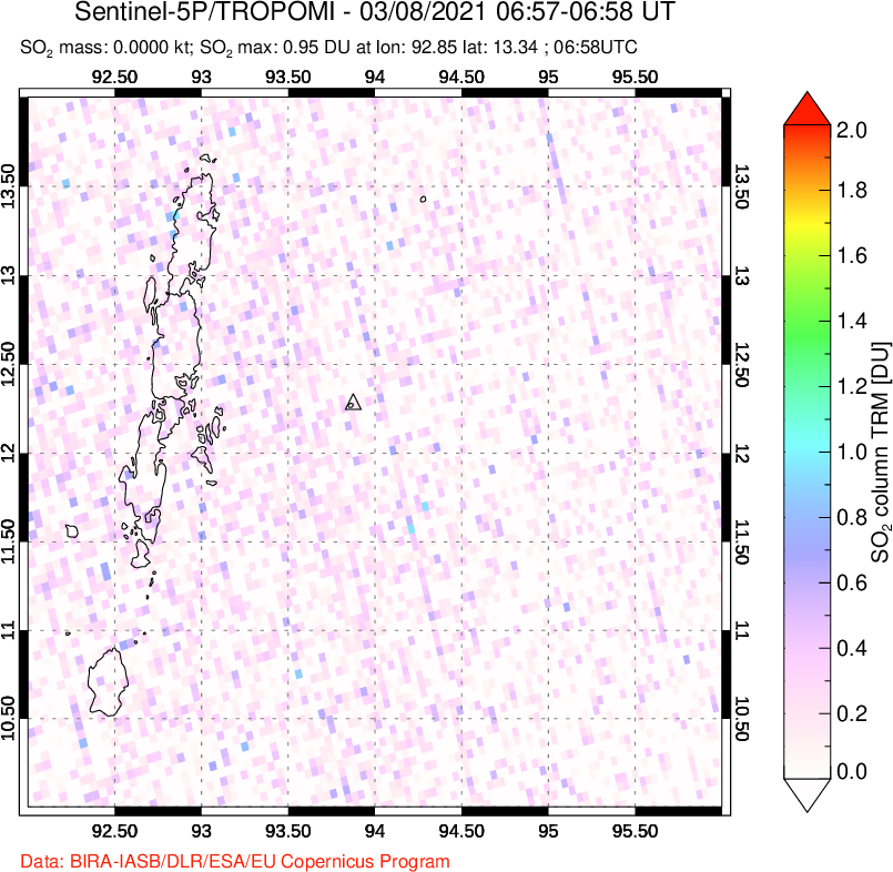 A sulfur dioxide image over Andaman Islands, Indian Ocean on Mar 08, 2021.