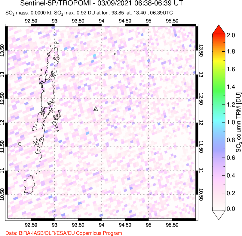 A sulfur dioxide image over Andaman Islands, Indian Ocean on Mar 09, 2021.