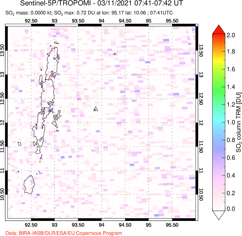 A sulfur dioxide image over Andaman Islands, Indian Ocean on Mar 11, 2021.