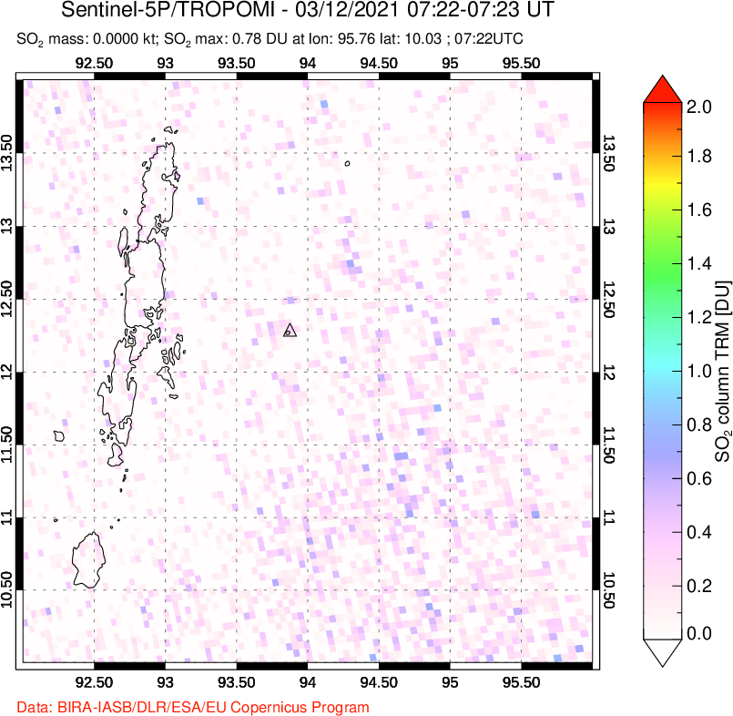 A sulfur dioxide image over Andaman Islands, Indian Ocean on Mar 12, 2021.