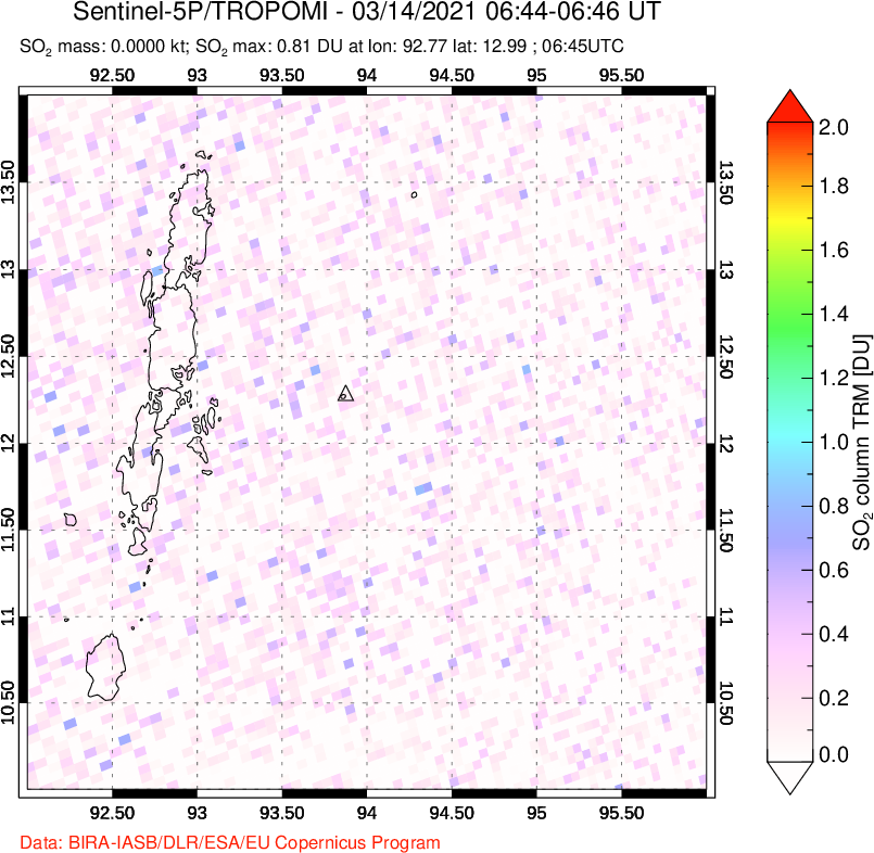A sulfur dioxide image over Andaman Islands, Indian Ocean on Mar 14, 2021.