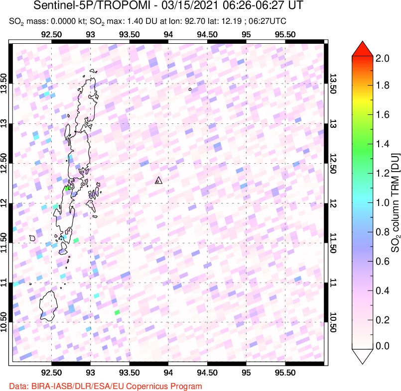A sulfur dioxide image over Andaman Islands, Indian Ocean on Mar 15, 2021.