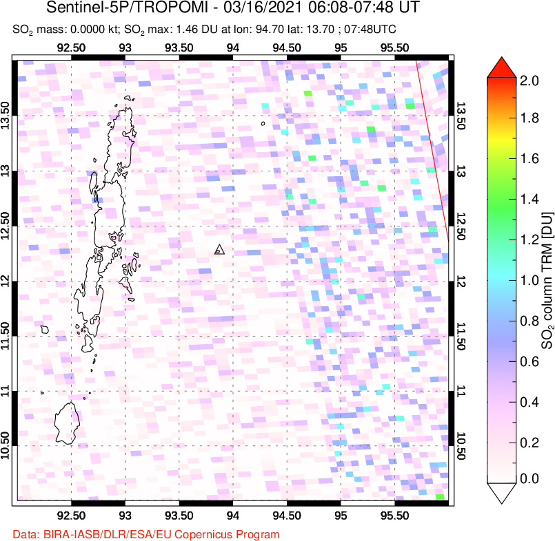 A sulfur dioxide image over Andaman Islands, Indian Ocean on Mar 16, 2021.
