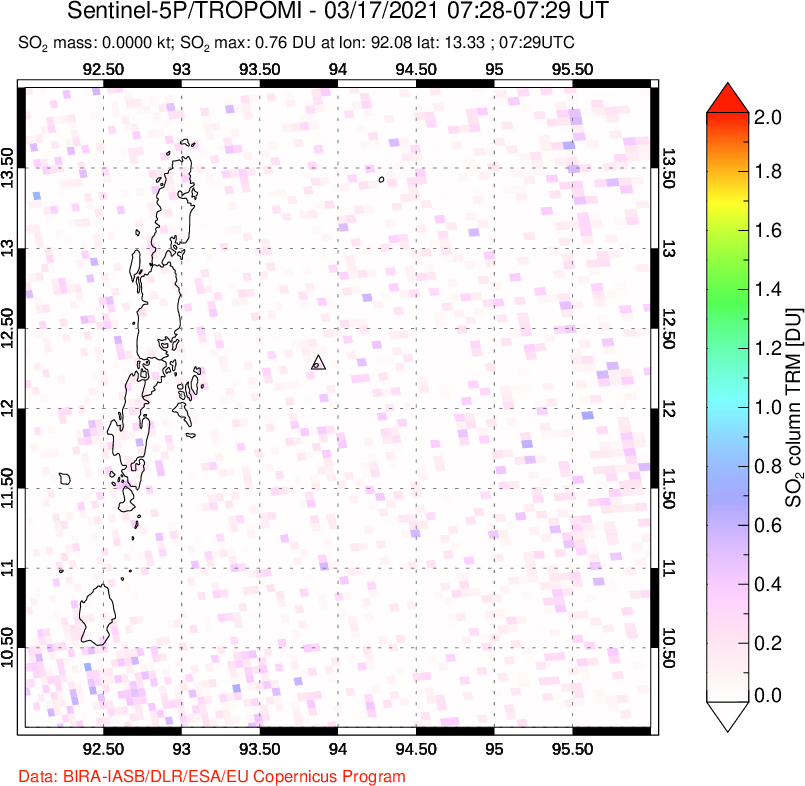 A sulfur dioxide image over Andaman Islands, Indian Ocean on Mar 17, 2021.