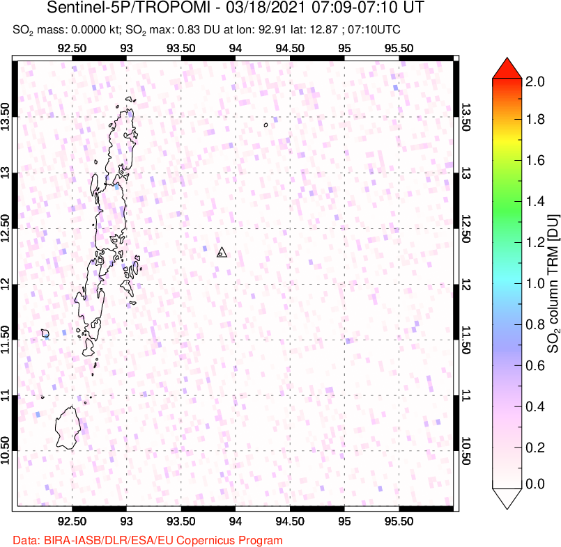 A sulfur dioxide image over Andaman Islands, Indian Ocean on Mar 18, 2021.