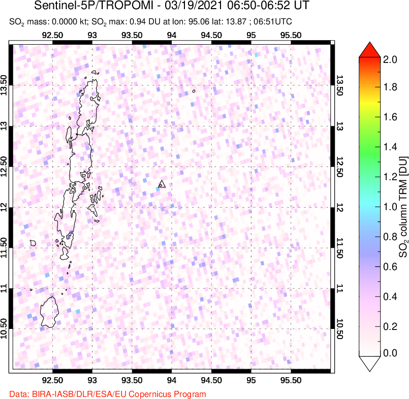 A sulfur dioxide image over Andaman Islands, Indian Ocean on Mar 19, 2021.