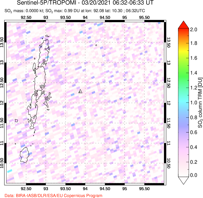 A sulfur dioxide image over Andaman Islands, Indian Ocean on Mar 20, 2021.
