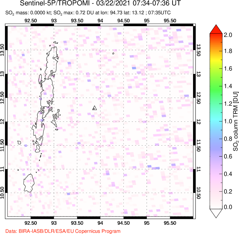 A sulfur dioxide image over Andaman Islands, Indian Ocean on Mar 22, 2021.