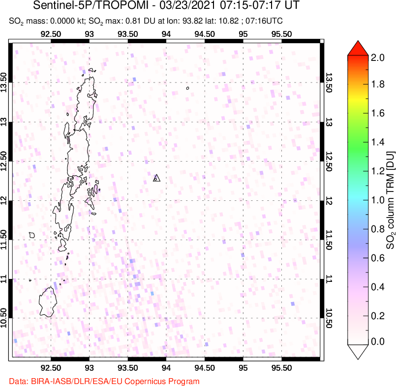 A sulfur dioxide image over Andaman Islands, Indian Ocean on Mar 23, 2021.