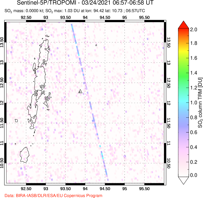 A sulfur dioxide image over Andaman Islands, Indian Ocean on Mar 24, 2021.