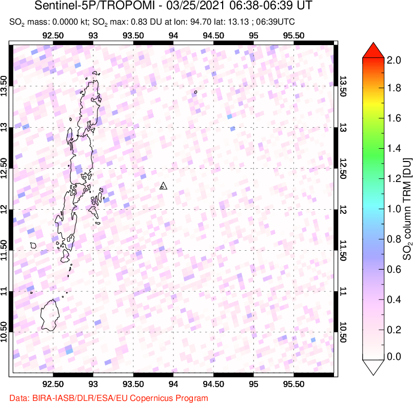 A sulfur dioxide image over Andaman Islands, Indian Ocean on Mar 25, 2021.