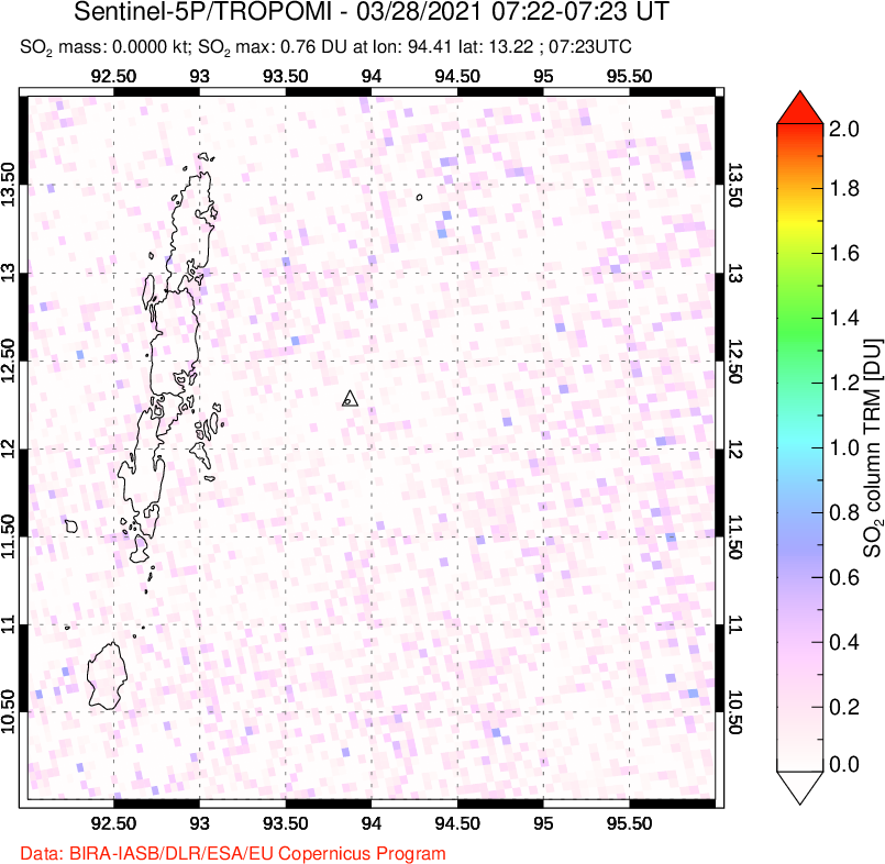 A sulfur dioxide image over Andaman Islands, Indian Ocean on Mar 28, 2021.