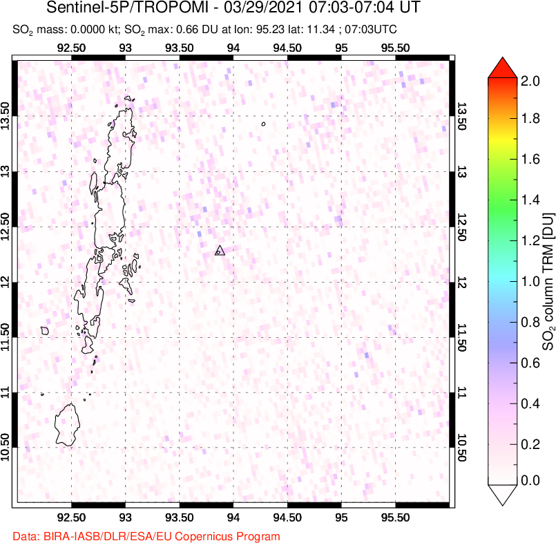 A sulfur dioxide image over Andaman Islands, Indian Ocean on Mar 29, 2021.
