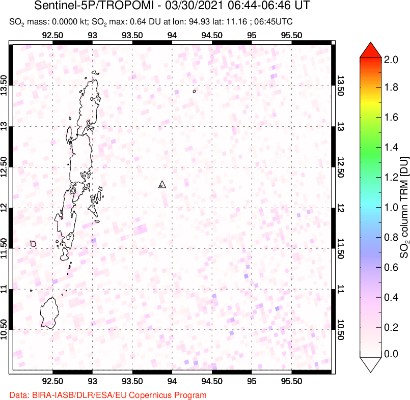 A sulfur dioxide image over Andaman Islands, Indian Ocean on Mar 30, 2021.