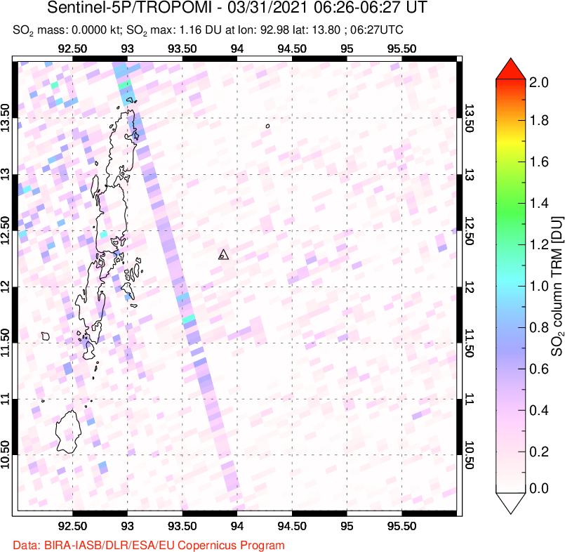 A sulfur dioxide image over Andaman Islands, Indian Ocean on Mar 31, 2021.